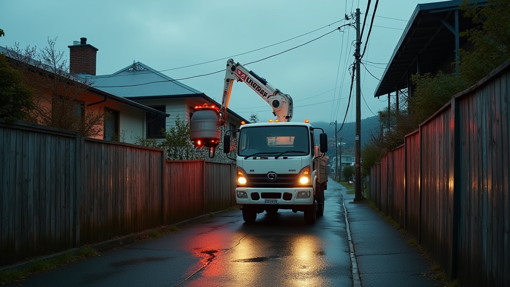 CDT Transport HIAB crane truck lifting a spa pool over a fence on a Wellington hillside street