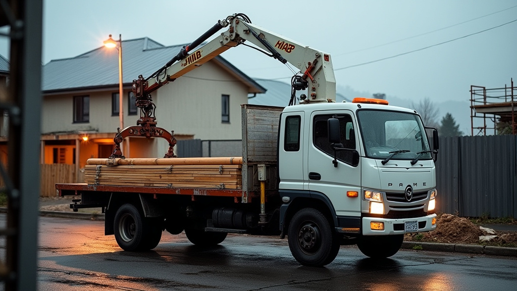 HIAB crane truck lifting building materials at a Wellington construction site